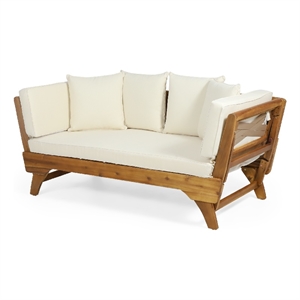 Benjara Flex Outdoor Daybed- Brown Wood- 65 Inch- Ivory Polyester Cushions