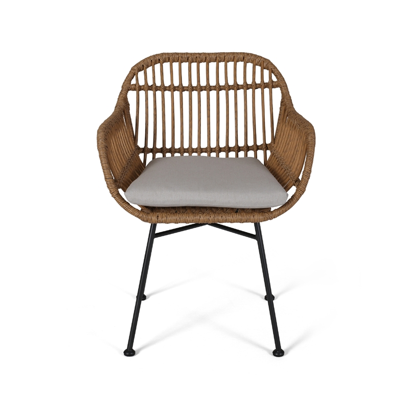 Benjara Tee Outdoor Accent Chair- Brown Rattan Seat and Back- Black Metal