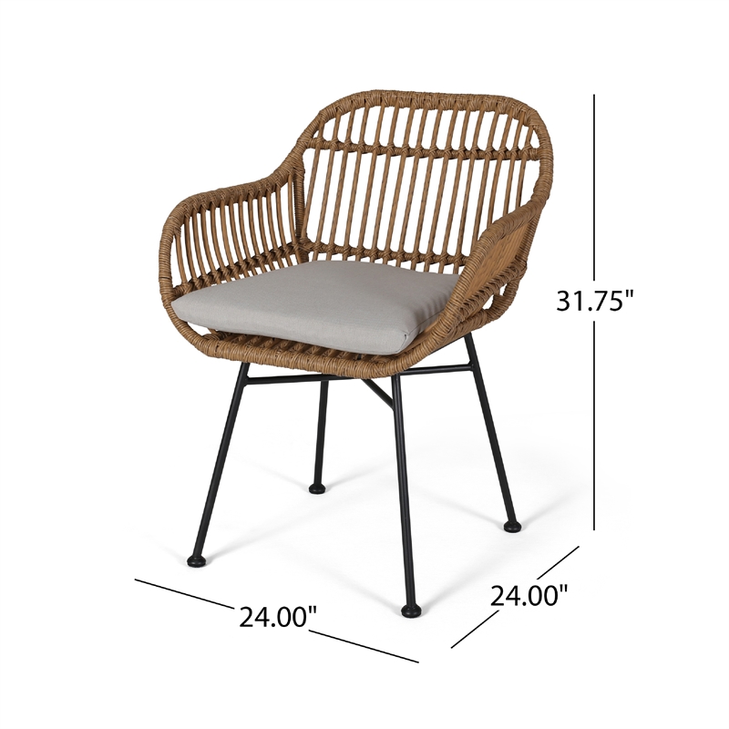 Benjara Tee Outdoor Accent Chair- Brown Rattan Seat and Back- Black Metal