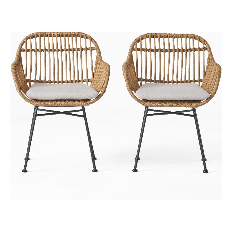 Benjara Tee Outdoor Accent Chair- Brown Rattan Seat and Back- Black Metal