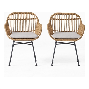 Benjara Tee Outdoor Accent Chair- Brown Rattan Seat and Back- Black Metal