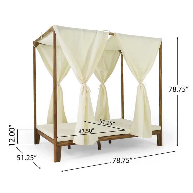 Benjara Yavi Outdoor Daybed- Brown Wood- Cream Waterproof Fabric- 79 Inch