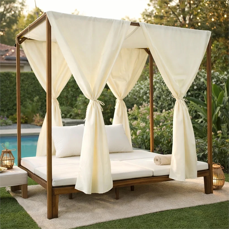 Benjara Yavi Outdoor Daybed- Brown Wood- Cream Waterproof Fabric- 79 Inch