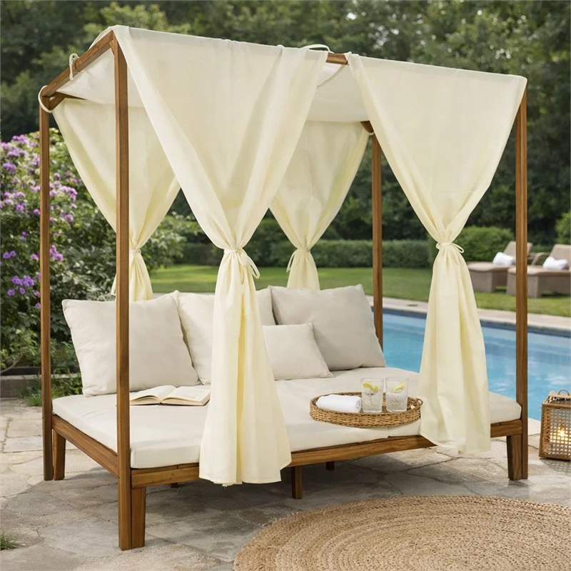 Benjara Yavi Outdoor Daybed- Brown Wood- Cream Waterproof Fabric- 79 Inch