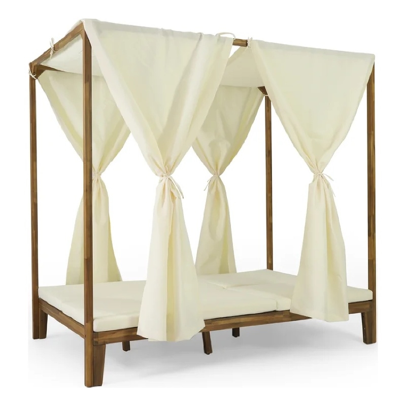 Benjara Yavi Outdoor Daybed- Brown Wood- Cream Waterproof Fabric- 79 Inch