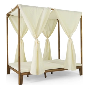 Benjara Yavi Outdoor Daybed- Brown Wood- Cream Waterproof Fabric- 79 Inch