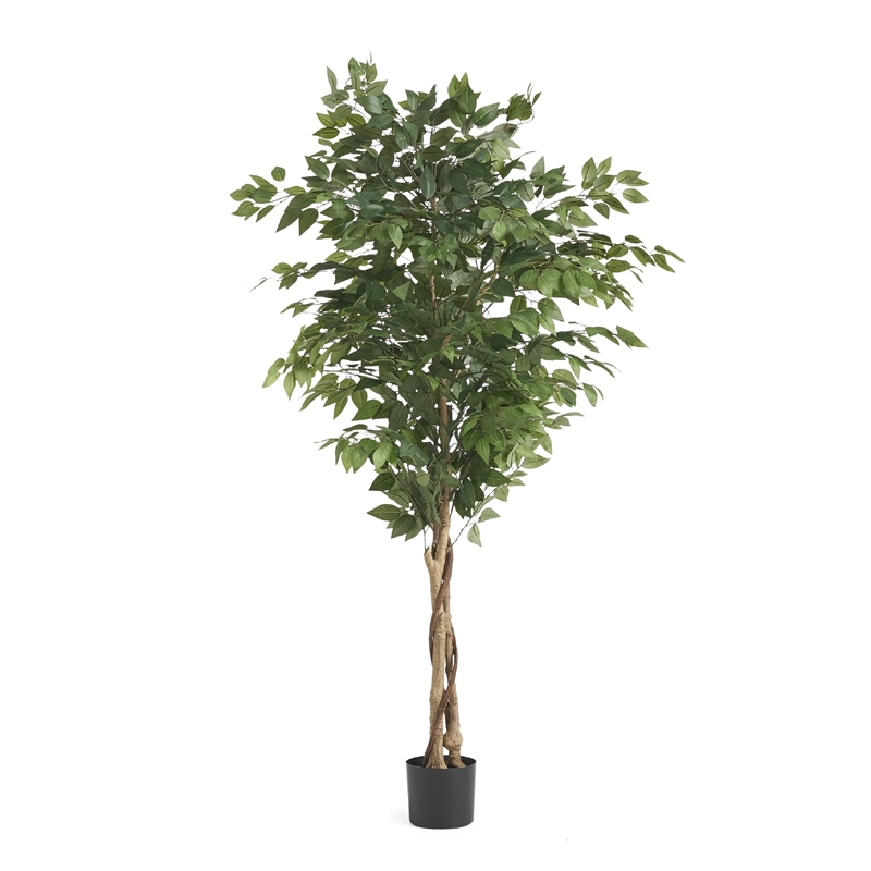 Benjara Deso Artificial Ficus Tree- Green Leaves w Twisted Trunk- 71 Inch