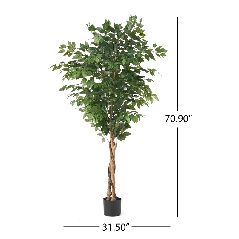 Benjara Deso Artificial Ficus Tree- Green Leaves w Twisted Trunk- 71 Inch