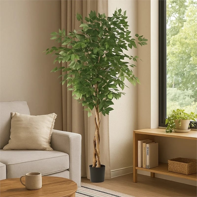 Benjara Deso Artificial Ficus Tree- Green Leaves w Twisted Trunk- 71 Inch