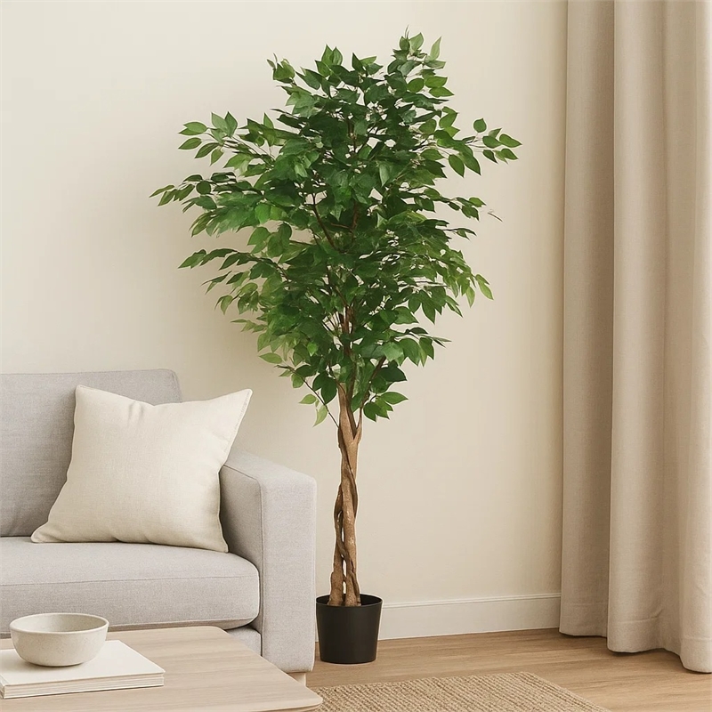 Benjara Deso Artificial Ficus Tree- Green Leaves w Twisted Trunk- 71 Inch