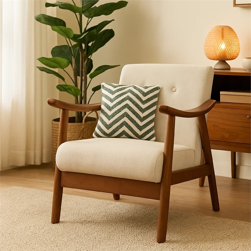 Benjara Accent Armchair- Soft Button Tufted Beige Fabric- Dark Brown Wood