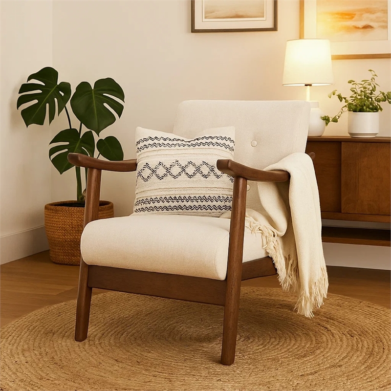 Benjara Accent Armchair- Soft Button Tufted Beige Fabric- Dark Brown Wood