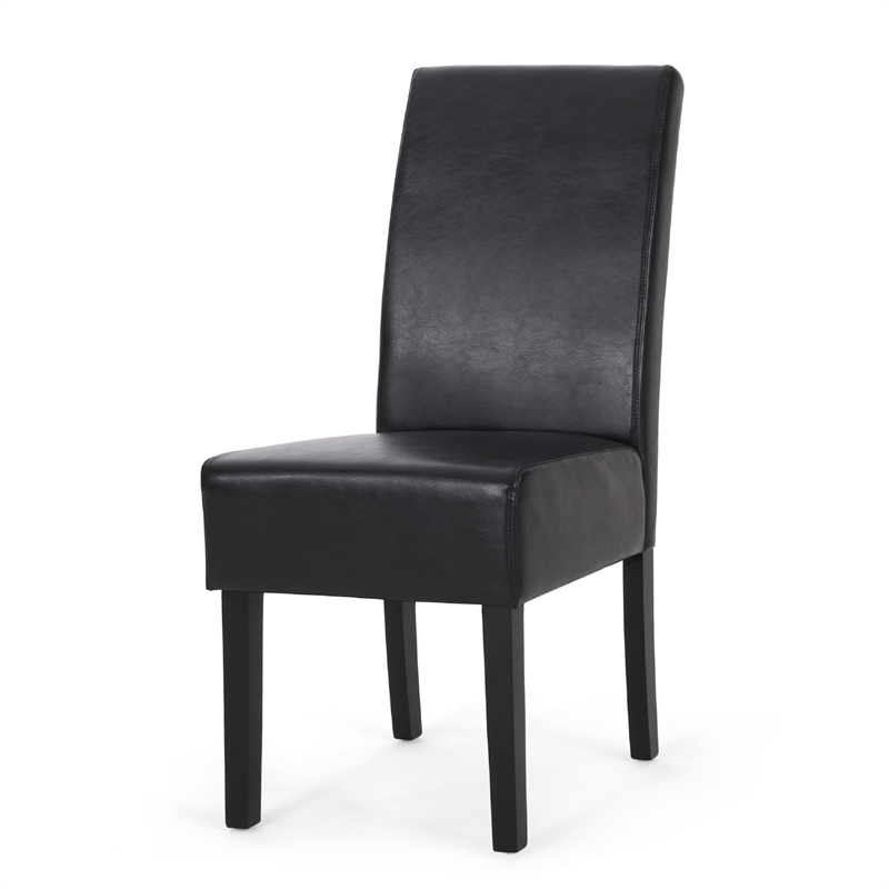 Benjara Dining Side Chair Set of 2- Black Rubberwood- Faux Leather Cushions