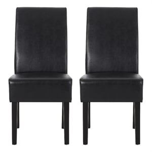 Benjara Dining Side Chair Set of 2- Black Rubberwood- Faux Leather Cushions