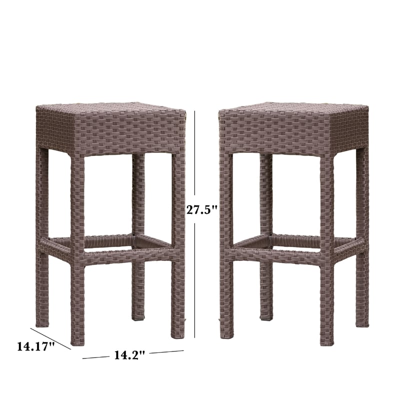 Benjara Outdoor Barstool Set of 2- Industrial Style Dark Brown Rattan Woven