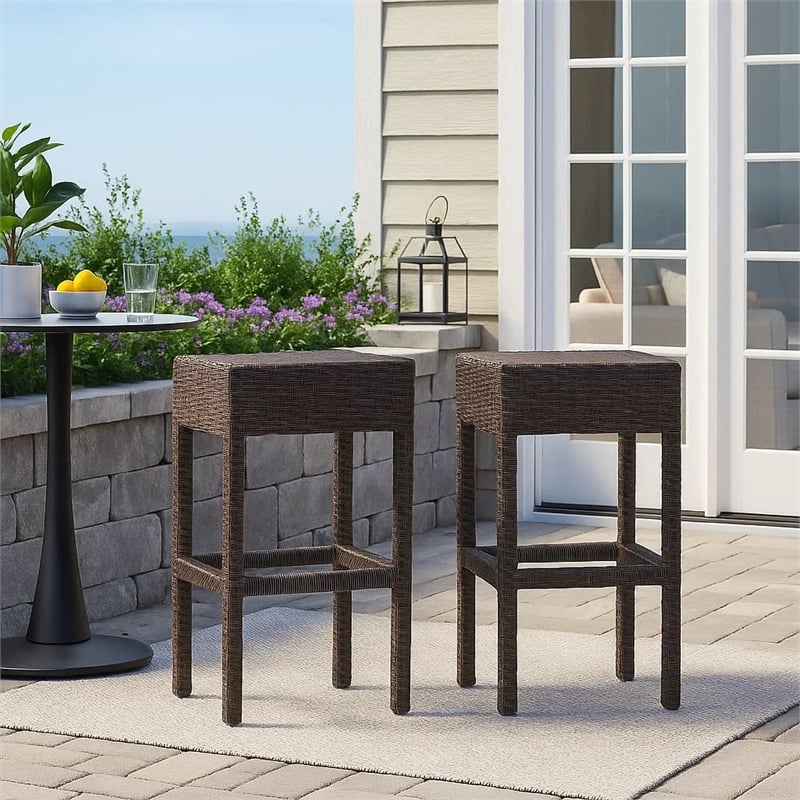 Benjara Outdoor Barstool Set of 2- Industrial Style Dark Brown Rattan Woven