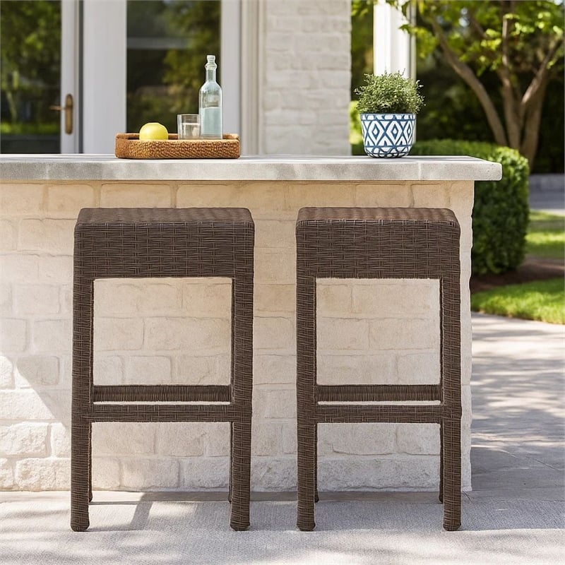 Benjara Outdoor Barstool Set of 2- Industrial Style Dark Brown Rattan Woven