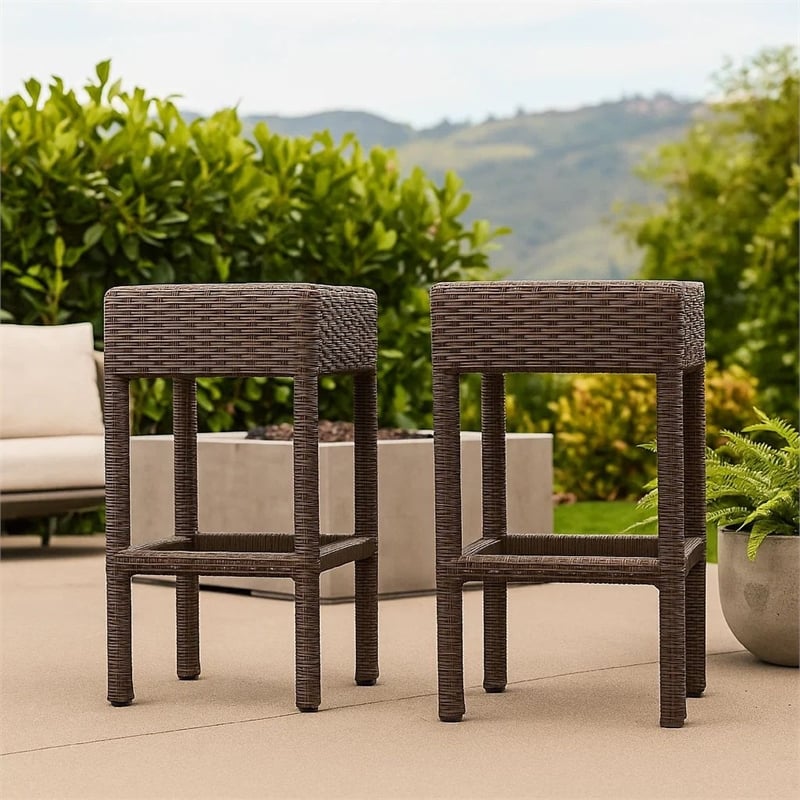 Benjara Outdoor Barstool Set of 2- Industrial Style Dark Brown Rattan Woven