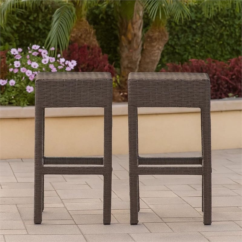 Benjara Outdoor Barstool Set of 2- Industrial Style Dark Brown Rattan Woven