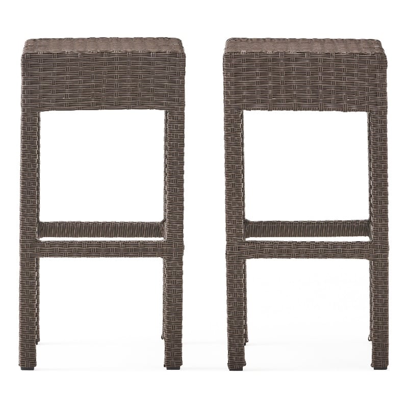 Benjara Outdoor Barstool Set of 2- Industrial Style Dark Brown Rattan Woven