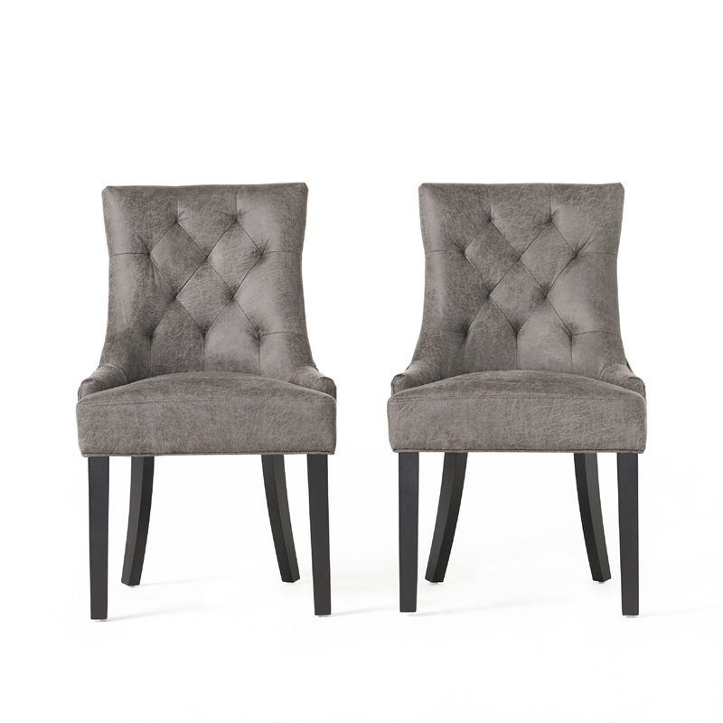 Benjara Chen Dining Chair Set of 2- Tufted Slate Gray Microfiber- Black Wood