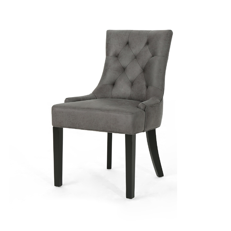 Benjara Chen Dining Chair Set of 2- Tufted Slate Gray Microfiber- Black Wood