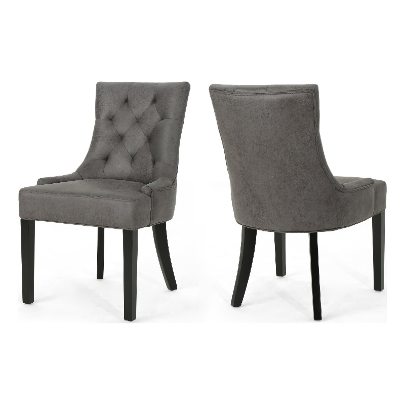 Benjara Chen Dining Chair Set of 2- Tufted Slate Gray Microfiber- Black Wood