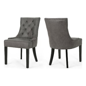 Benjara Chen Dining Chair Set of 2- Tufted Slate Gray Microfiber- Black Wood