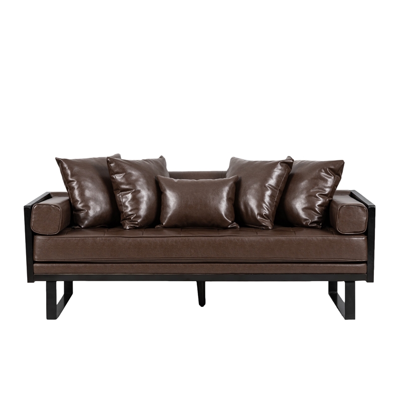 Benjara Osy Loveseat- 7 Pillows- Button Tufted Dark Brown Faux Leather 72 Inch