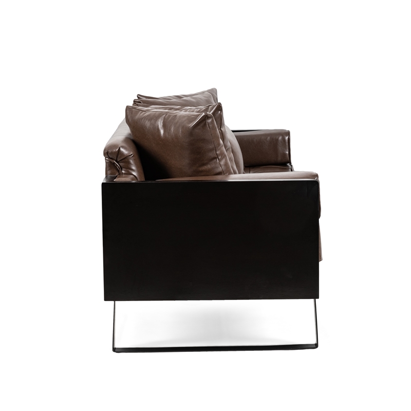 Benjara Osy Loveseat- 7 Pillows- Button Tufted Dark Brown Faux Leather 72 Inch