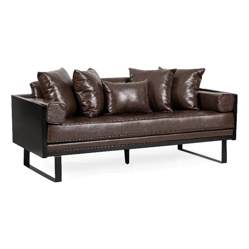 Benjara Osy Loveseat- 7 Pillows- Button Tufted Dark Brown Faux Leather 72 Inch