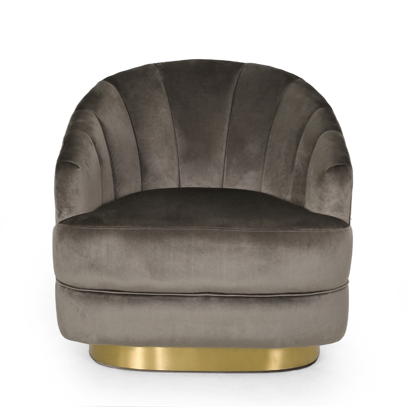 Benjara Accent Armchair- Channel Tufted Gray Velvet- Gold Metal Base