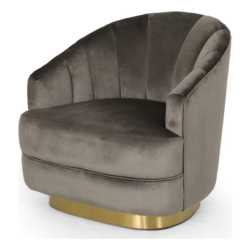 Benjara Accent Armchair- Channel Tufted Gray Velvet- Gold Metal Base