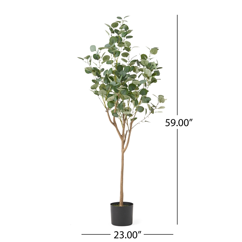 Benjara Zylo Faux Tree Eucolites Plant- 59 Inch- Green Polyester