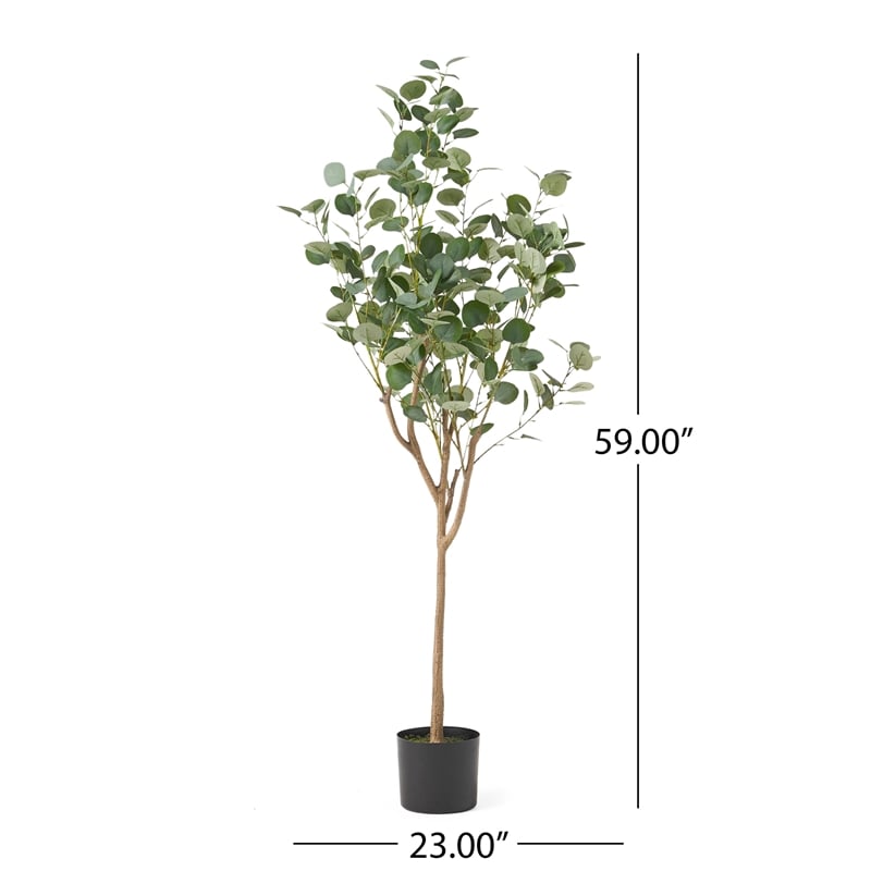 Benjara Zylo Faux Tree Eucolites Plant- 59 Inch- Green Polyester