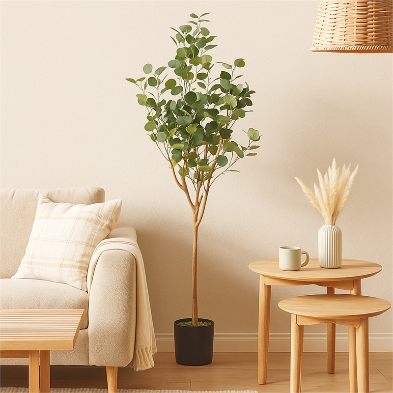 Benjara Zylo Faux Tree Eucolites Plant- 59 Inch- Green Polyester