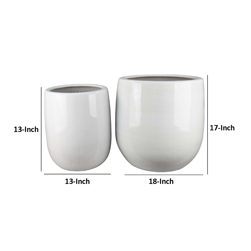 Benjara Womy Tall Decorative Planters Set of 2- Gloss White Ceramic 18 30 Inch