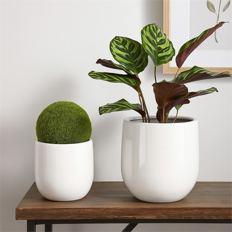 Benjara Womy Tall Decorative Planters Set of 2- Gloss White Ceramic 18 30 Inch