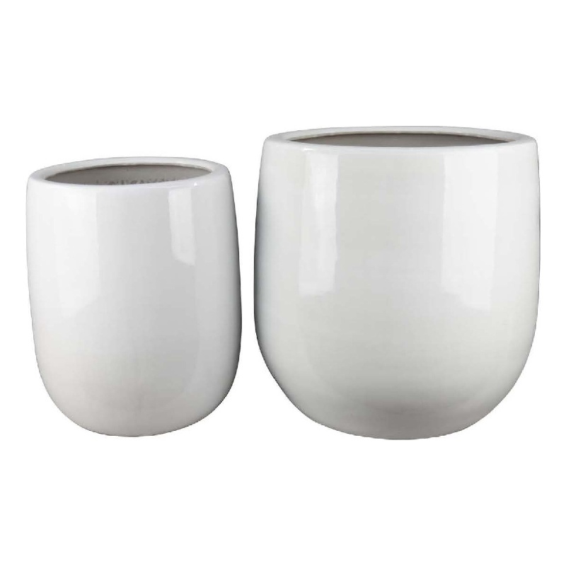 Benjara Womy Tall Decorative Planters Set of 2- Gloss White Ceramic 18 30 Inch