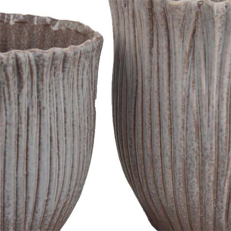 Benjara Decorative Planter Set of 2- Ribbed Texture Gray Ceramic Body