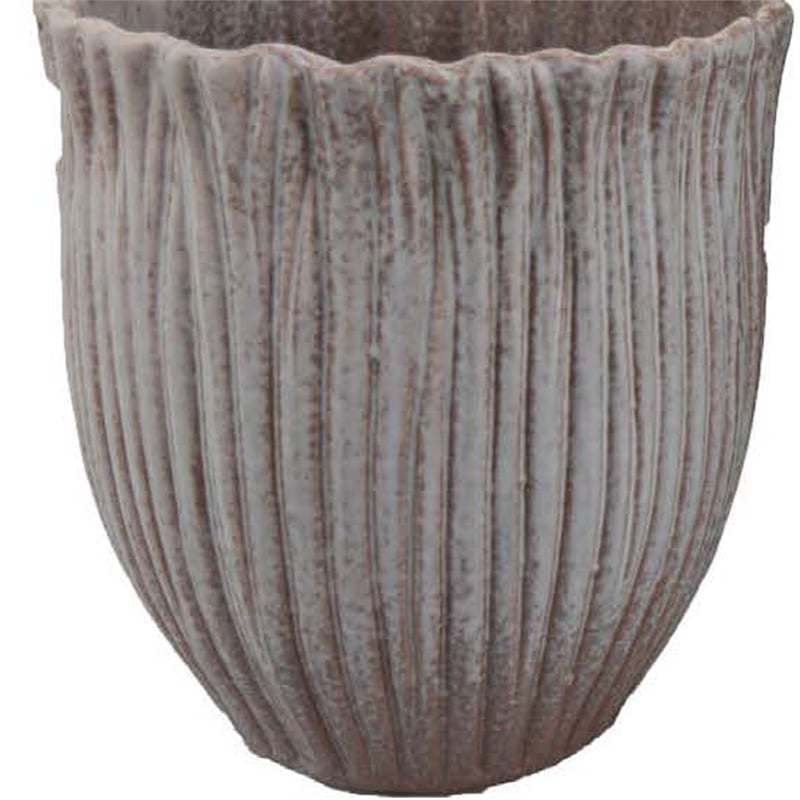 Benjara Decorative Planter Set of 2- Ribbed Texture Gray Ceramic Body