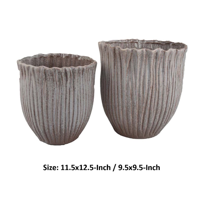Benjara Decorative Planter Set of 2- Ribbed Texture Gray Ceramic Body