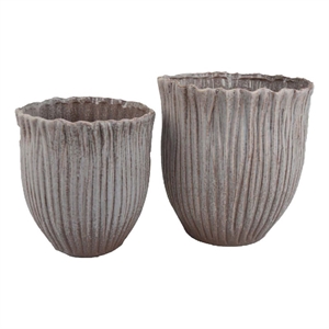 Benjara Decorative Planter Set of 2- Ribbed Texture Gray Ceramic Body