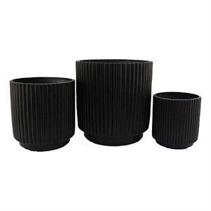 Benjara Elly Round Planter Set of 3- Ribbed Texture Black Resin- 16-12-9 Inch