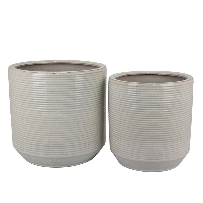 Benjara Gloria Round Planter Set of 2- Textured White Ceramic 15 14 Inch