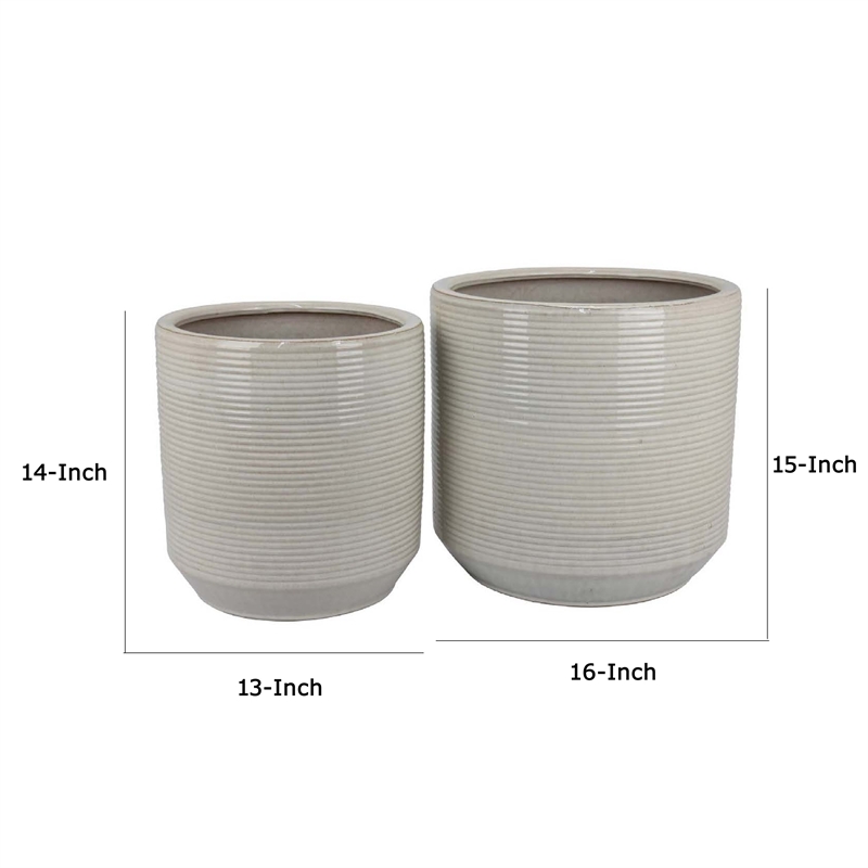 Benjara Gloria Round Planter Set of 2- Textured White Ceramic 15 14 Inch