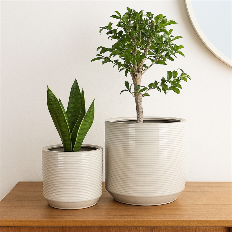 Benjara Gloria Round Planter Set of 2- Textured White Ceramic 15 14 Inch
