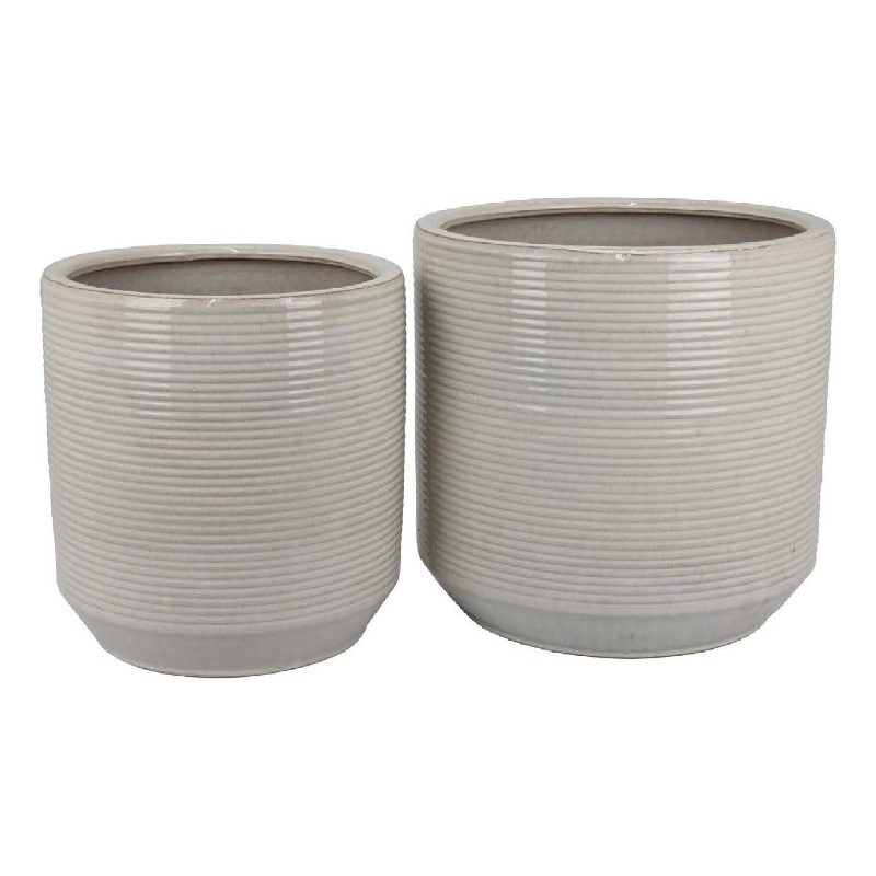 Benjara Gloria Round Planter Set of 2- Textured White Ceramic 15 14 Inch
