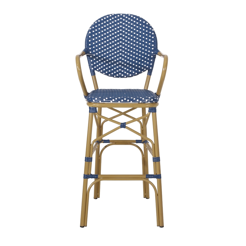 Benjara Lyam Set of 2 Outdoor Barstool Chair- Navy Blue Wicker- Brown Aluminum