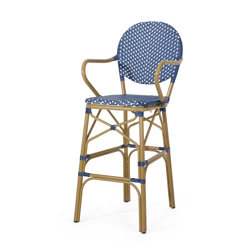 Benjara Lyam Set of 2 Outdoor Barstool Chair- Navy Blue Wicker- Brown Aluminum
